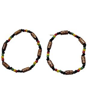 Rasta Reggae Bracelets Wood Beads Jamaica Fashion Jewelry Set of 2 Unisex